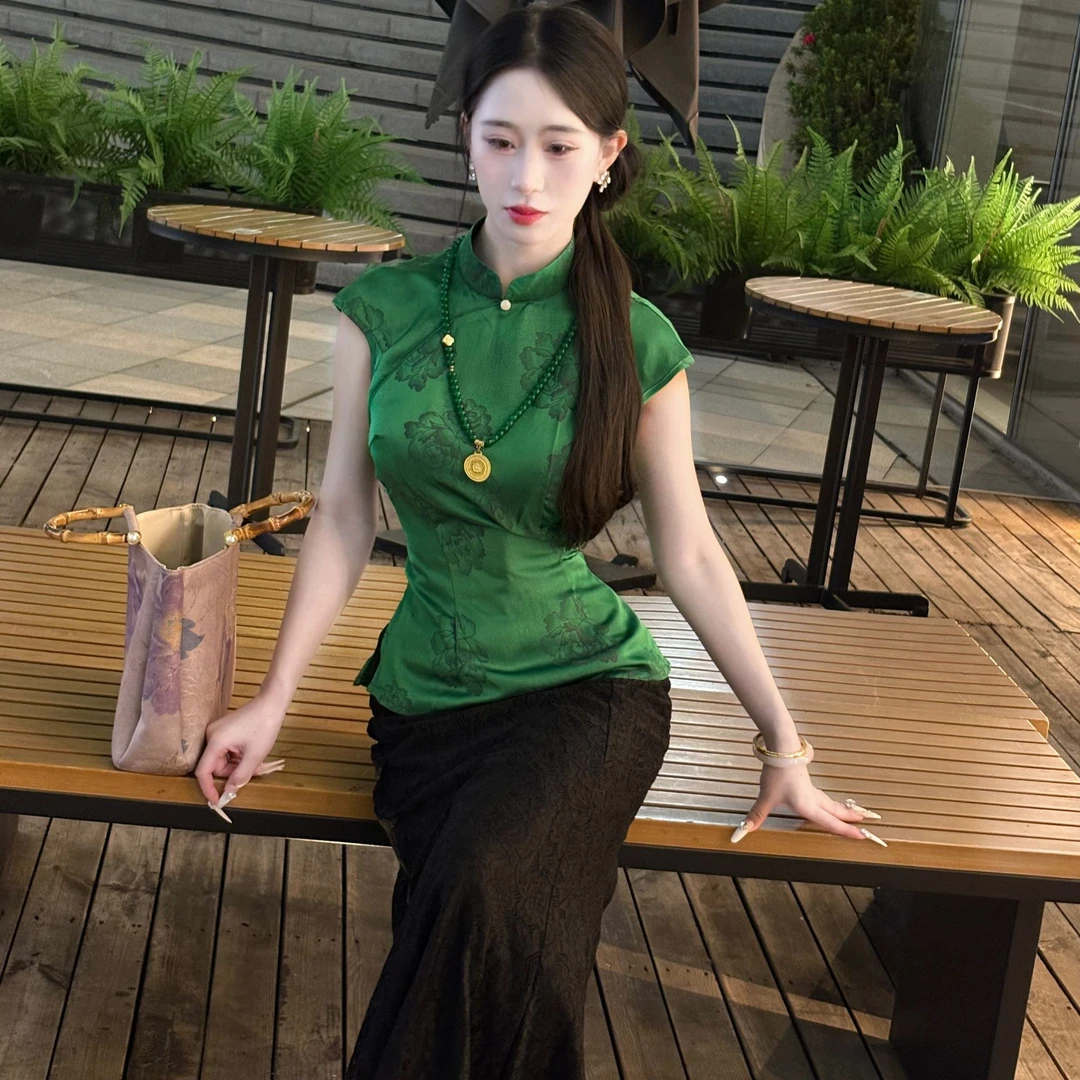 LHMknk1活动画报夫人原创自制显瘦新中式旗袍 祖母绿牡丹上衣