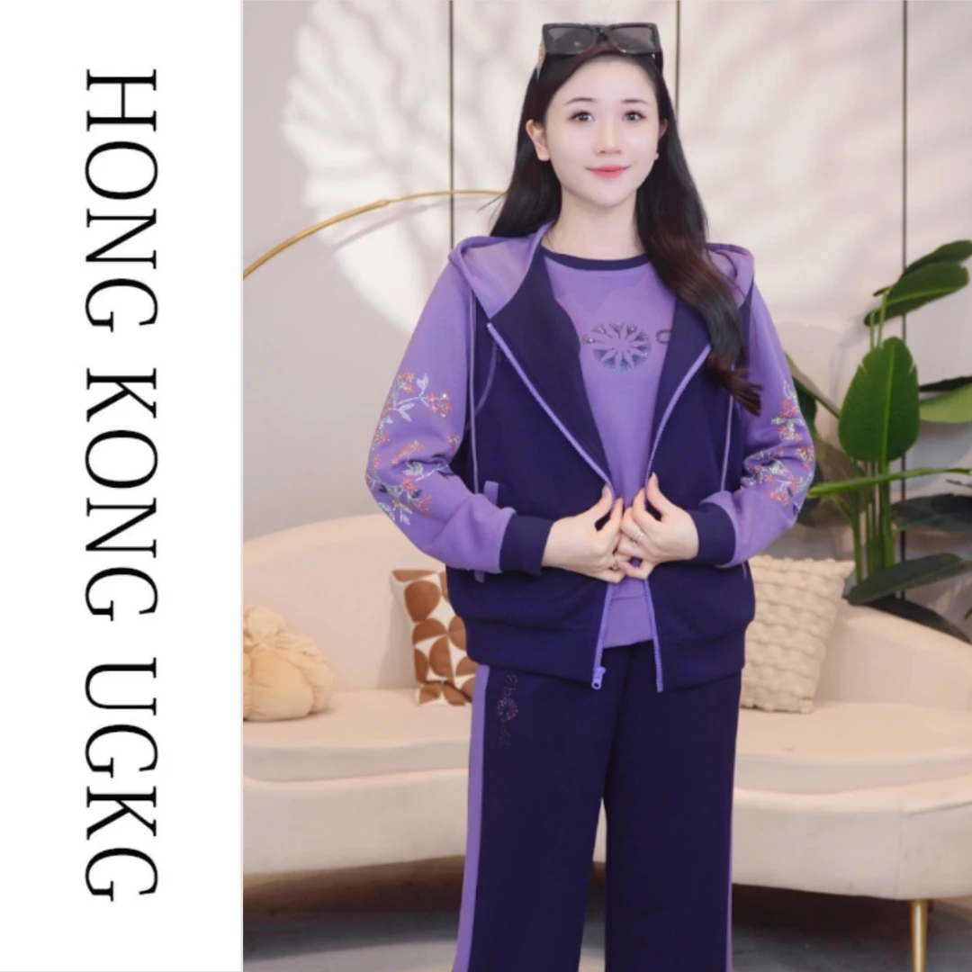 香港UGKG 大码女装早秋妈妈套装2025秋季卫衣叠穿马甲三件套kk