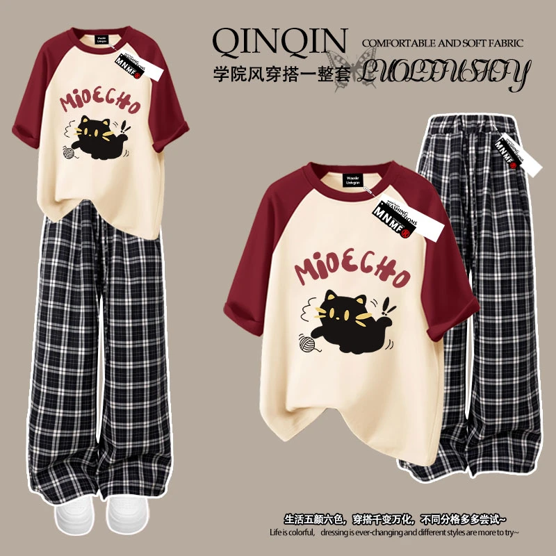 女童夏季新款插肩短袖格子裤套装卡通黑色小猫印花洋气百搭中大童