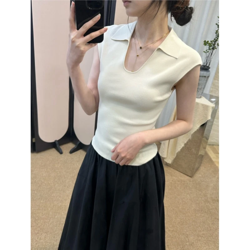法式气质杏色Polo领针织冰丝无袖t恤女2025夏修身显瘦绝美小上衣