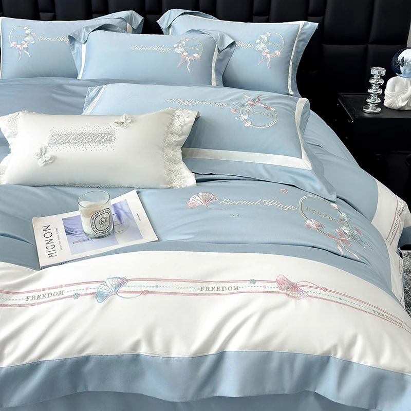 轻奢A类母婴级长绒棉四件套全棉刺绣被套四季床单床笠床上四件套