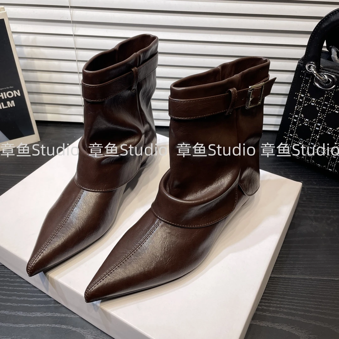 复古尖头粗跟短靴女裤管靴2025秋冬新款褶皱堆堆靴套筒中筒靴