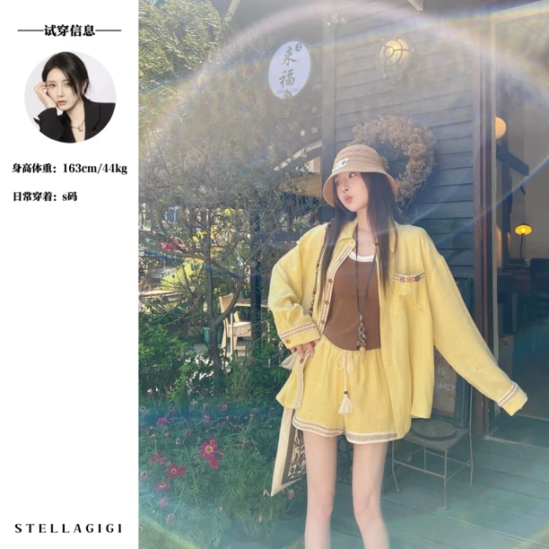 SG / 杨依姗 SS波西米亚风彩扣花边衬衣+短裤两件套TZ-20250745