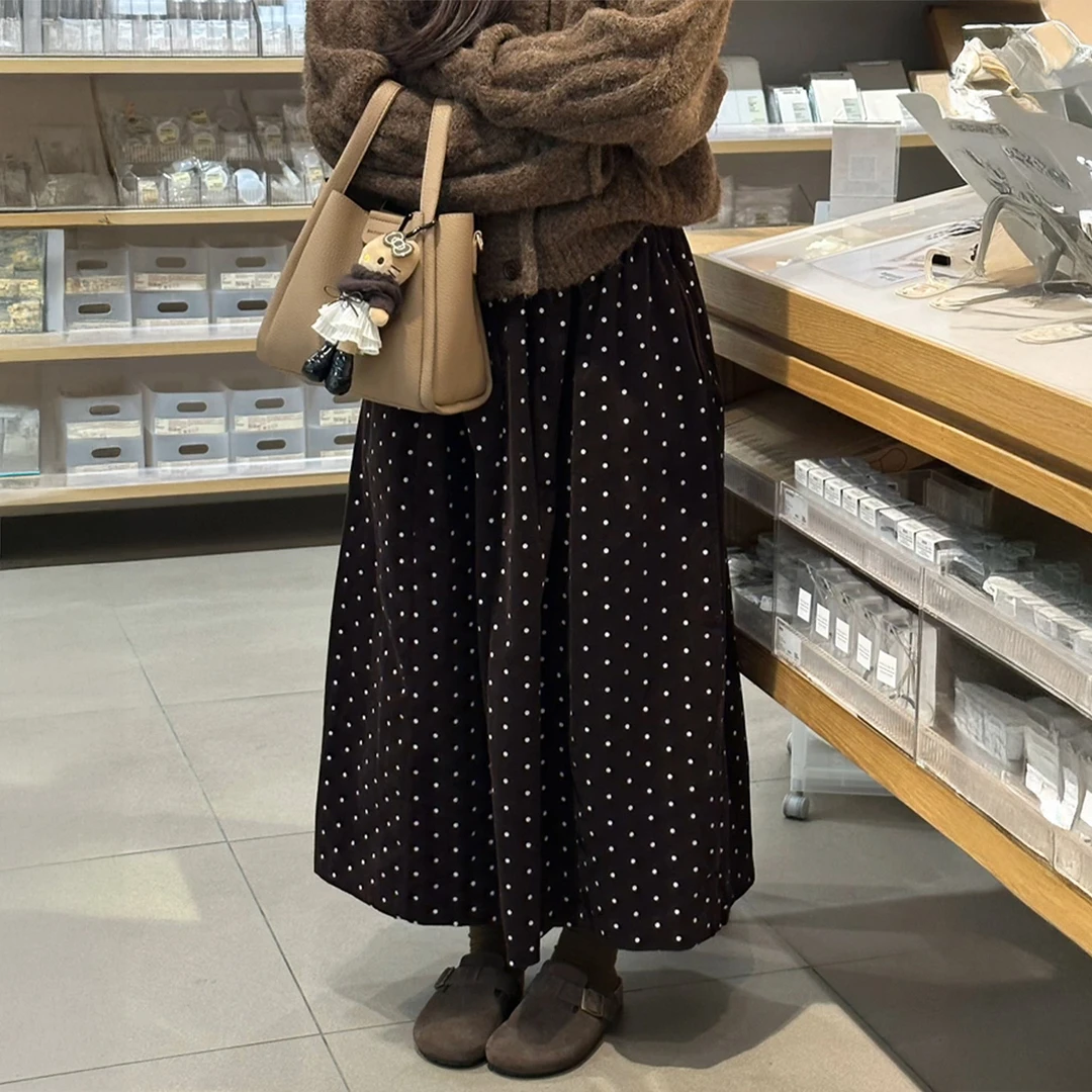 复古波点灯芯绒半身裙女秋冬新款大码胖mm高腰显瘦遮胯a字中长裙