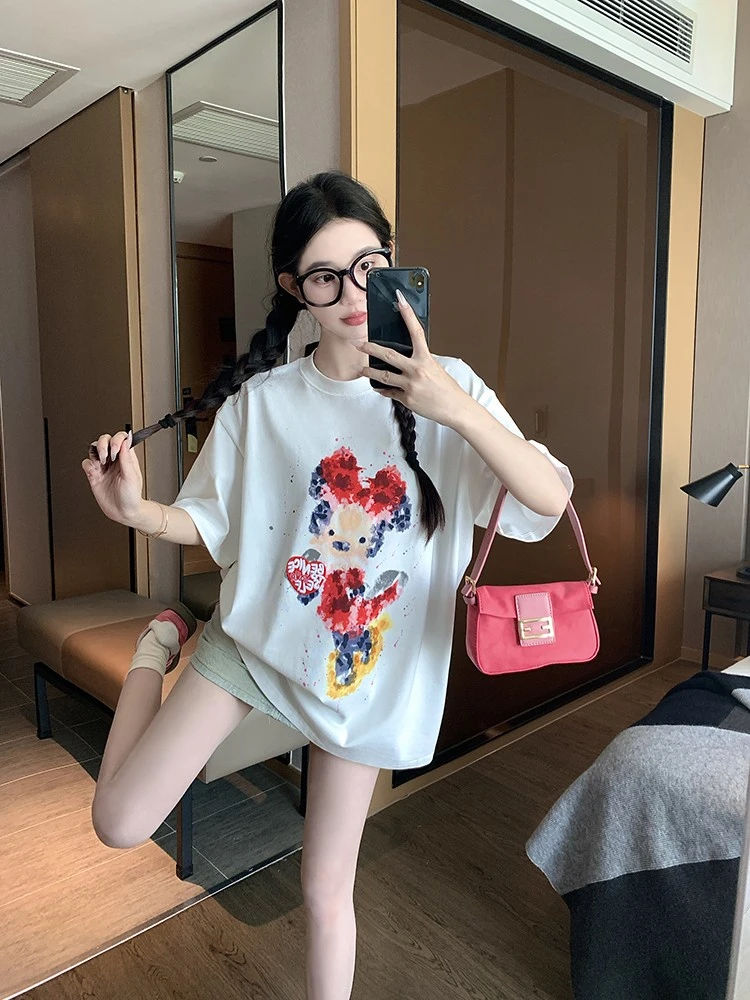 【065】韩系复古趣味卡通涂鸦印花短袖T恤女2025初夏季宽松慵懒上衣