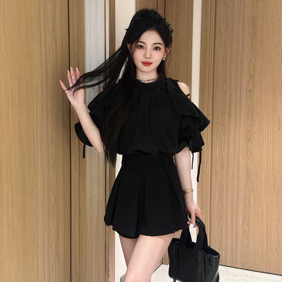 【送皮带】高级感时尚套装女夏季新款荷叶边露肩上衣半身裙两件套潮