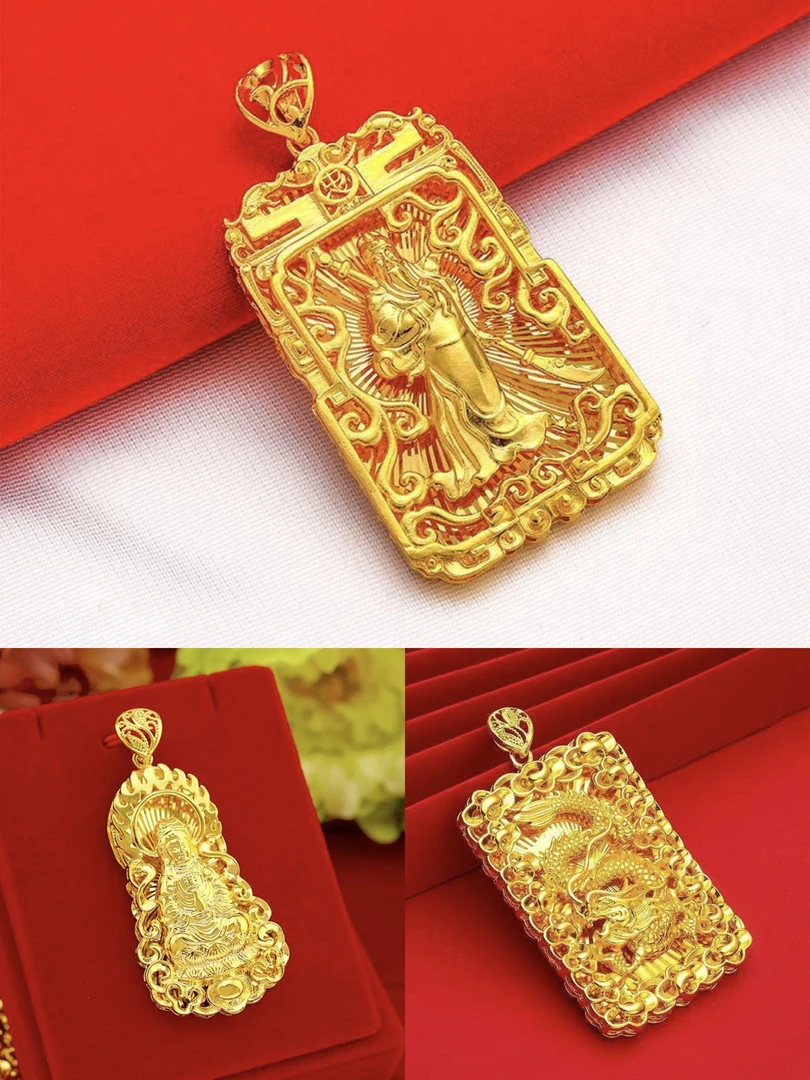 合金吊坠 【龙牌观音关羽吊坠】霸气男士经典金色方牌转运镂空吊坠