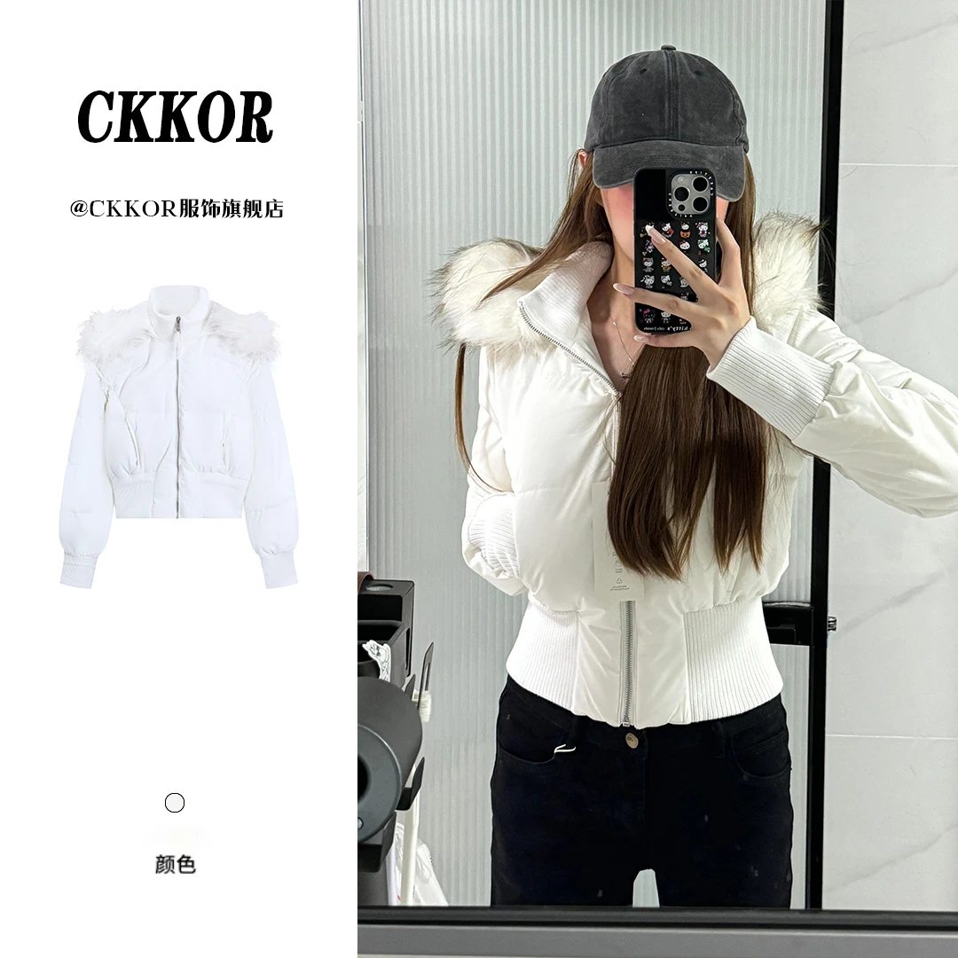 CKKOR冬季棉服女小个子收腰短款毛领派克服穿搭加厚保暖高级外套