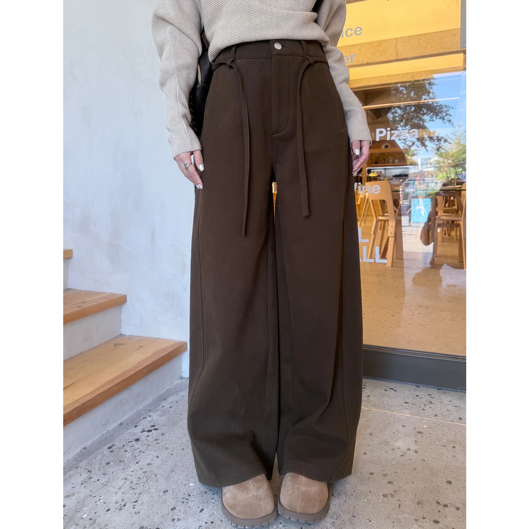 秋冬加绒加厚直筒裤女设计感抽绳高腰显瘦宽松垂感阔腿拖地裤