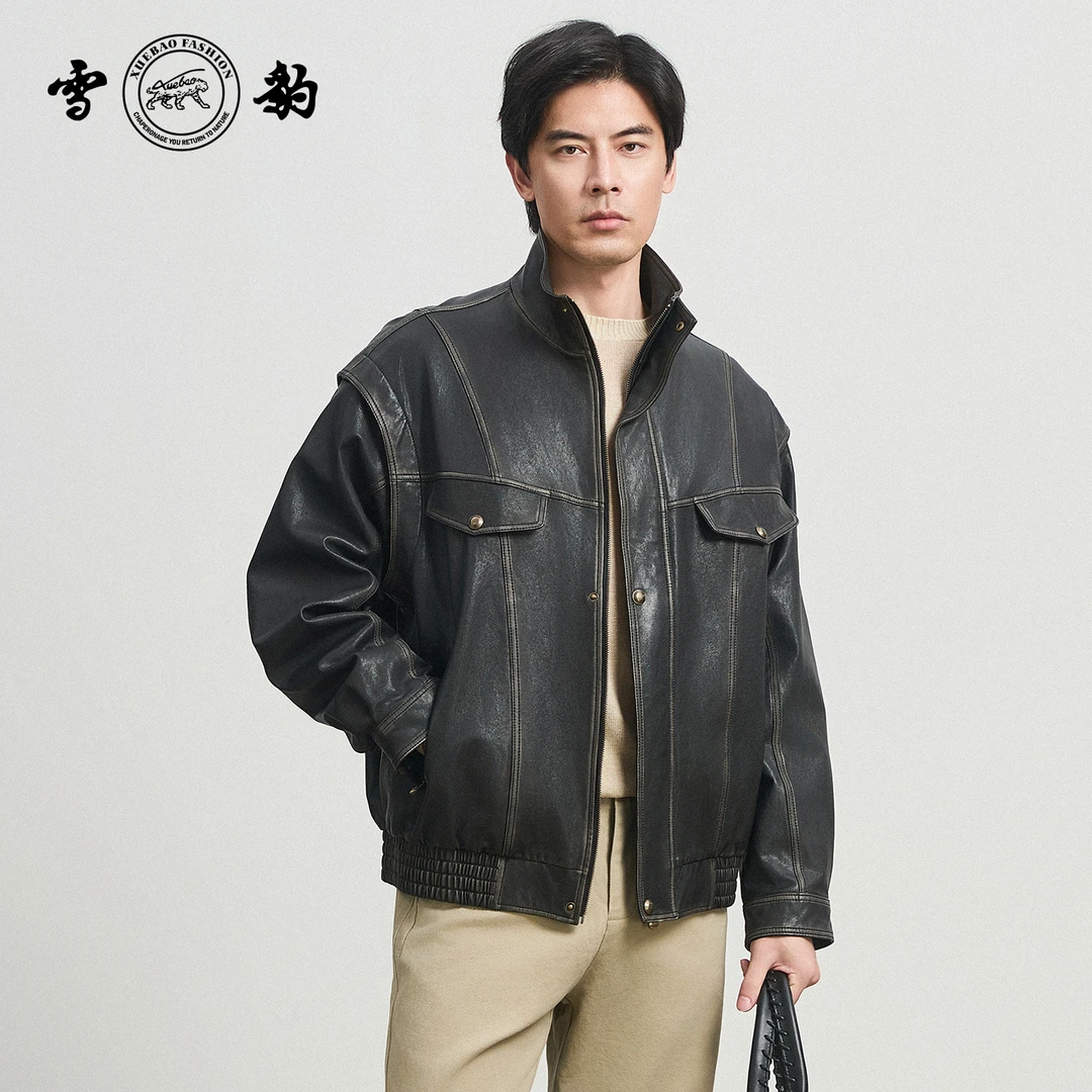 【专柜】雪豹2025新款85738绵羊皮多口袋真皮皮衣复古机车男皮夹克