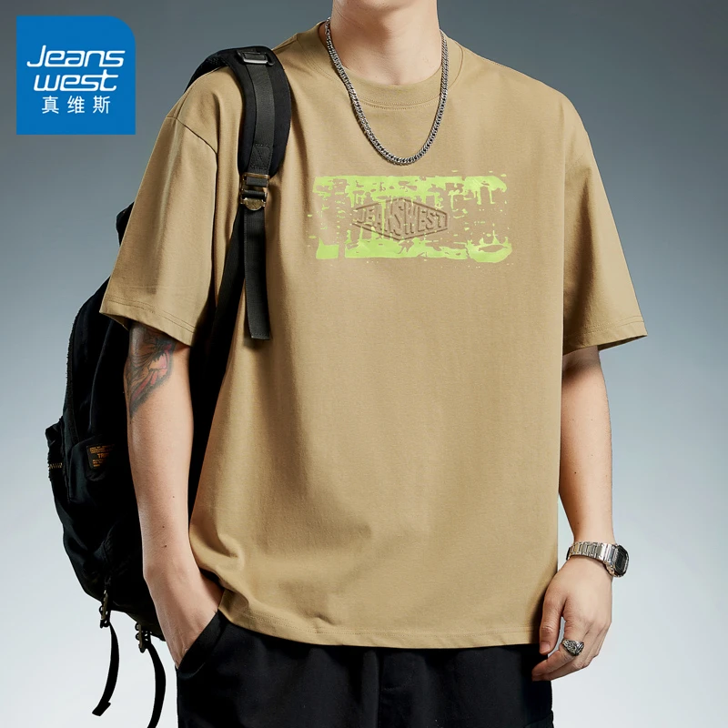 Jeanswest/真维斯新款夏季印花潮牌T恤男士圆领宽松休闲百搭短袖