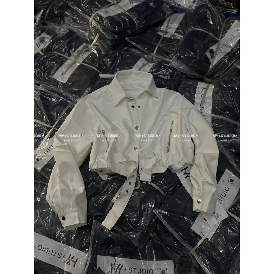 2025翻领女长袖短款纯色短外套秋季春季美式宽松小众