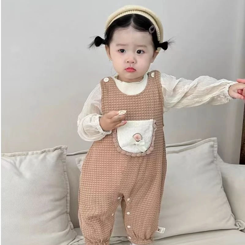 婴儿衣服春秋款泡泡袖背带裤套装女宝宝满月百天春装周岁哈衣