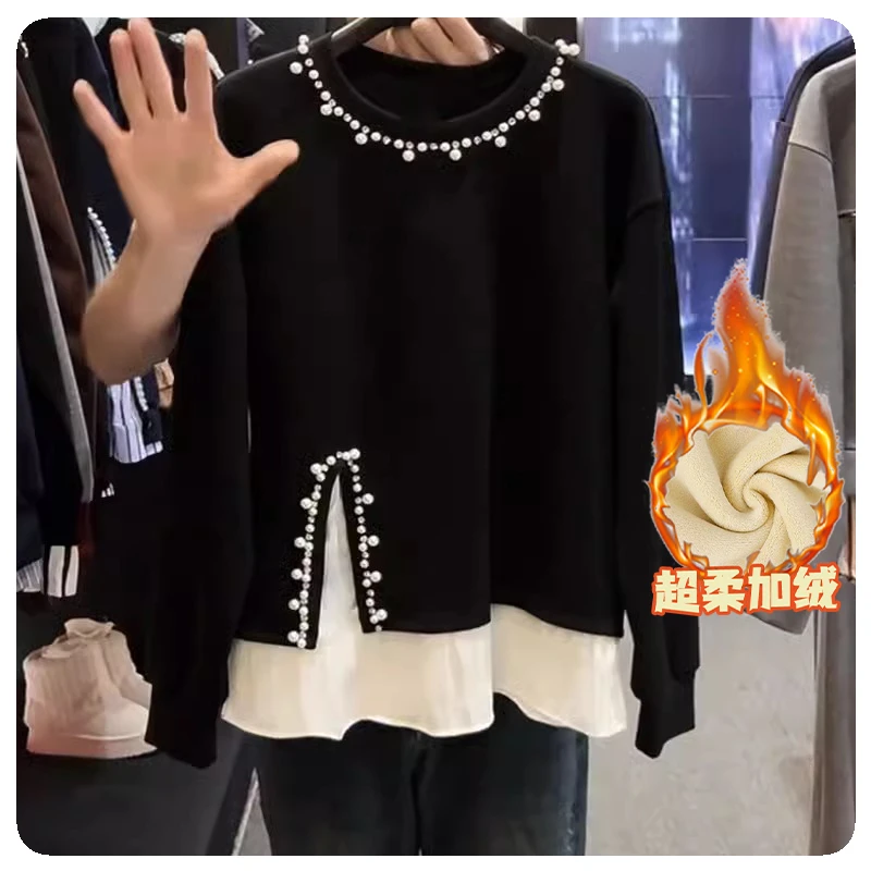 2024冬季新款加绒加厚卫衣女假两件钉珠洋气长袖百搭保暖显瘦上衣