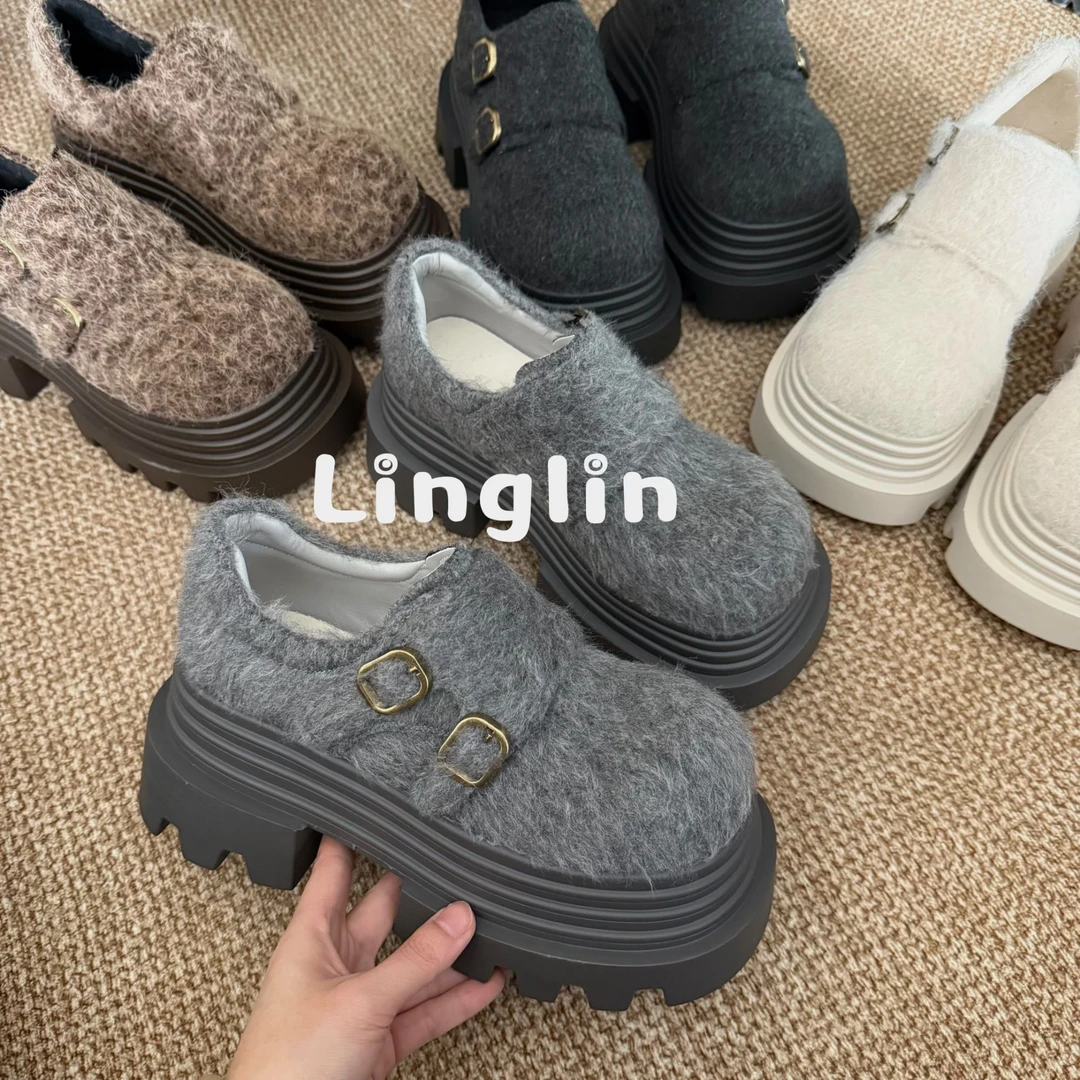 玲lin【毛呢】新款毛呢厚底圆头魔术贴时尚潮流乐福鞋250010