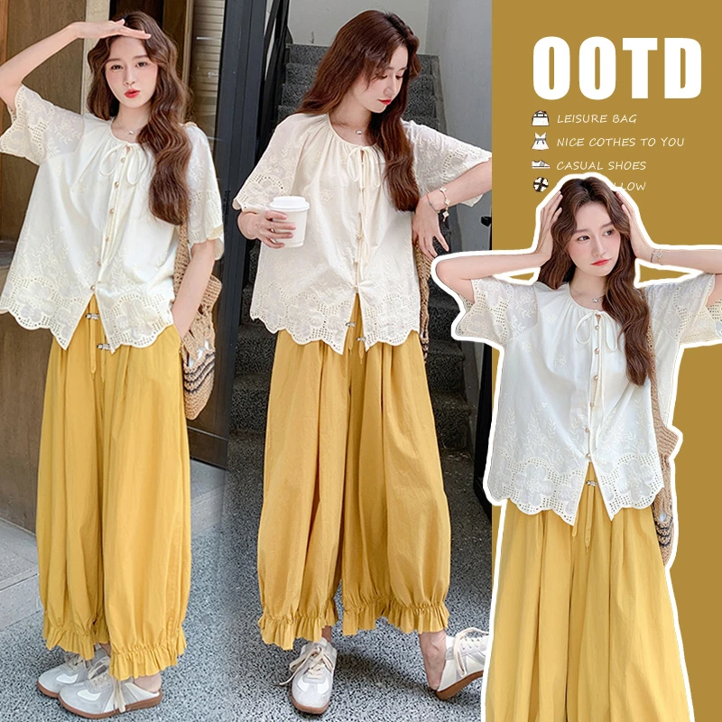 2025夏季新款时尚气质宽松蕾丝上衣+松驰感花苞阔腿裤孕妇两件套