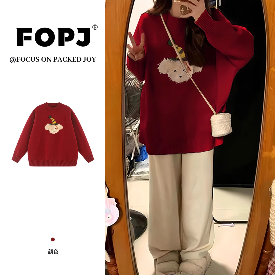 FOPJ韩系时尚慵懒风卡通红色毛衣女2025新款爆款加厚保暖圆领上衣