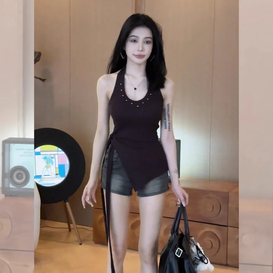 纯欲挂脖绑带吊带背心女夏季新款设计感露背修身显瘦百搭无袖上衣