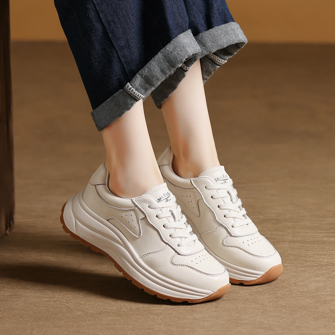 真皮手工厚底小白鞋女秋2025新款百搭阿甘鞋增高运动休闲复古板鞋