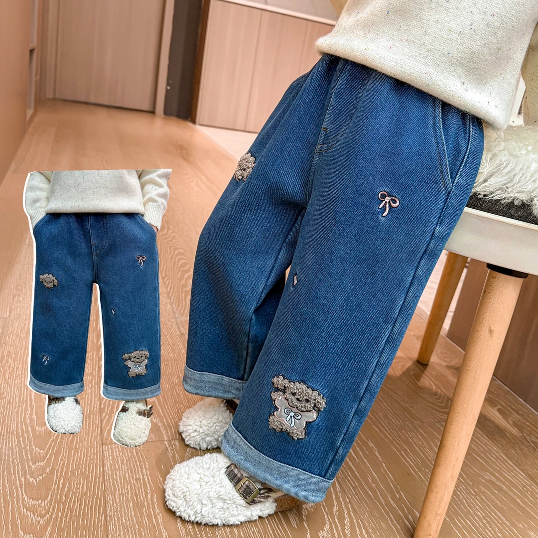 女童加绒休闲裤儿童韩版洋气加厚牛仔裤小女孩宝宝冬装2025新款潮