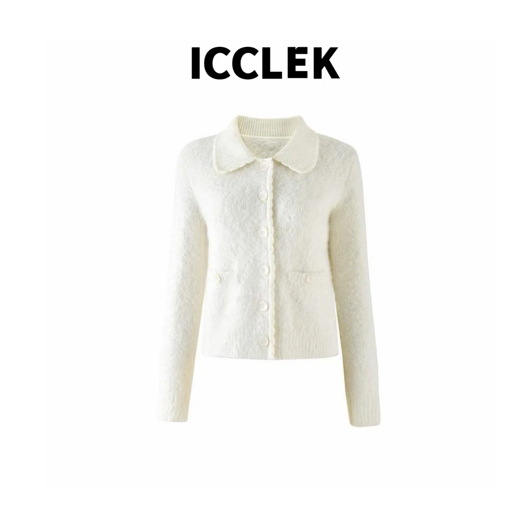 XY 白色翻领刺绣长袖针织衫 开襟 气质 轻奢 显瘦 - 5094