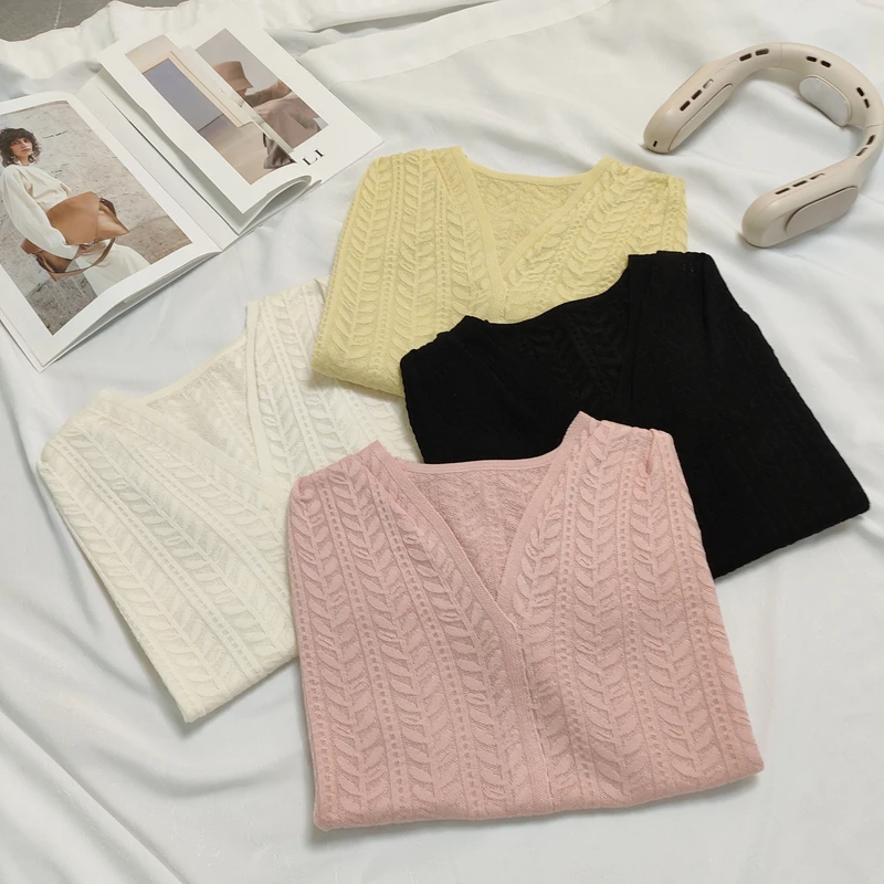 【思思精选】2025新款气质纯色V领麦穗提花镂空减龄百搭针织衫A627#