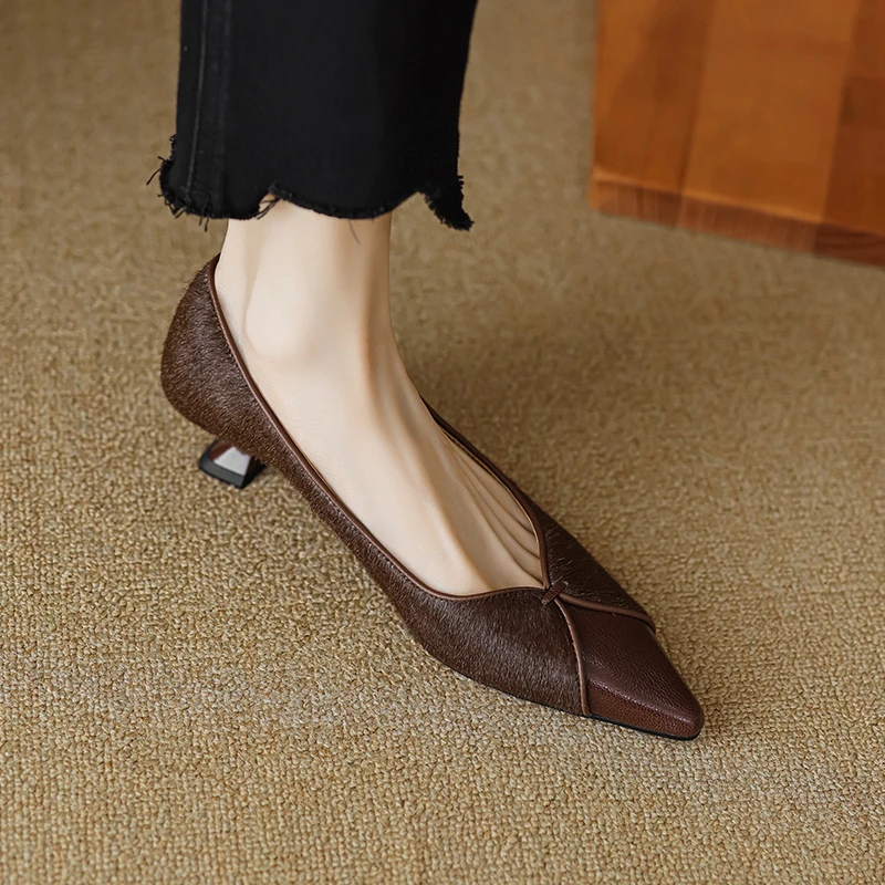 羊皮版真皮尖头浅口春夏新款单鞋女一脚蹬法式复古细跟时尚高跟鞋