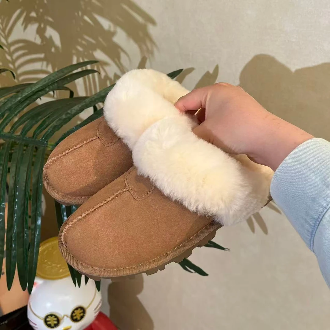 桑坡工厂直销薄底星拖雪地靴真皮真毛保暖休闲百搭