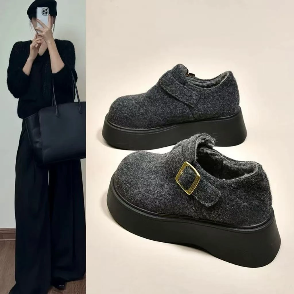 三福复古呢子勃肯鞋女款秋冬加绒保暖厚底雪地靴棉鞋休闲乐福女鞋