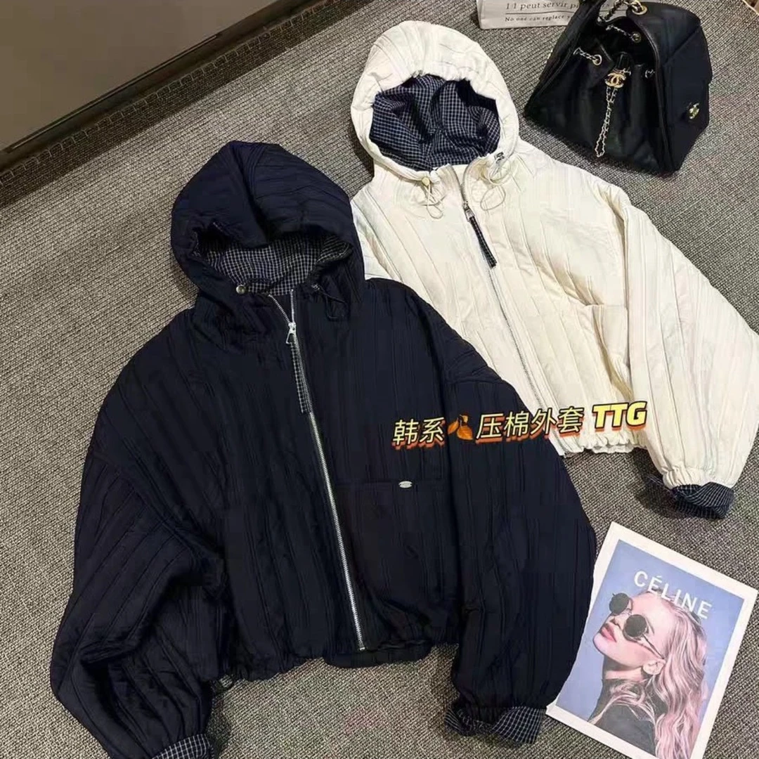 新款二棉连帽桁棉格子外套
