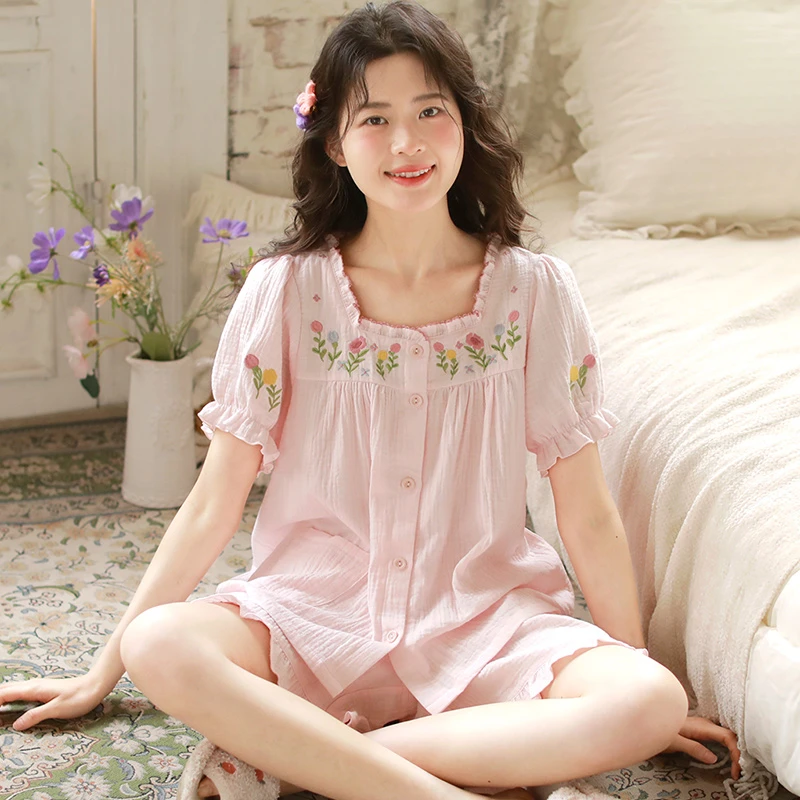 『眠岛』夏季短袖中裤睡衣女纯棉绉纱甜美少女大码家居服套装