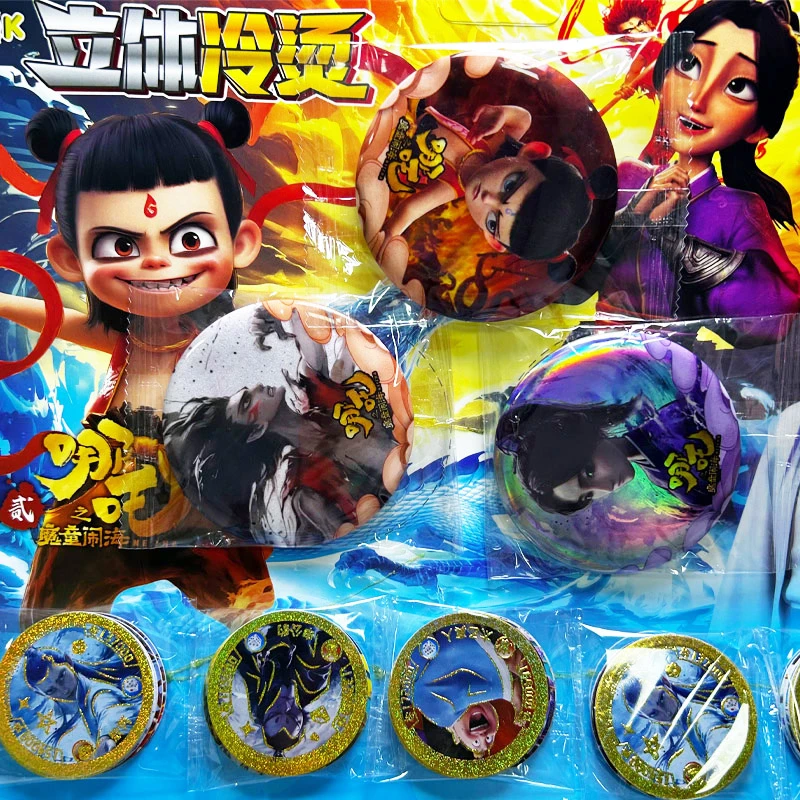 哪吒魔童闹海冷烫金卡防水塑料超厚圆卡片硬卡战斗币儿童卡牌玩具