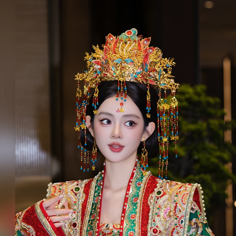合金婚庆饰品 中式新娘奢华重工古风大气金色汉服婚礼大凤冠G0329