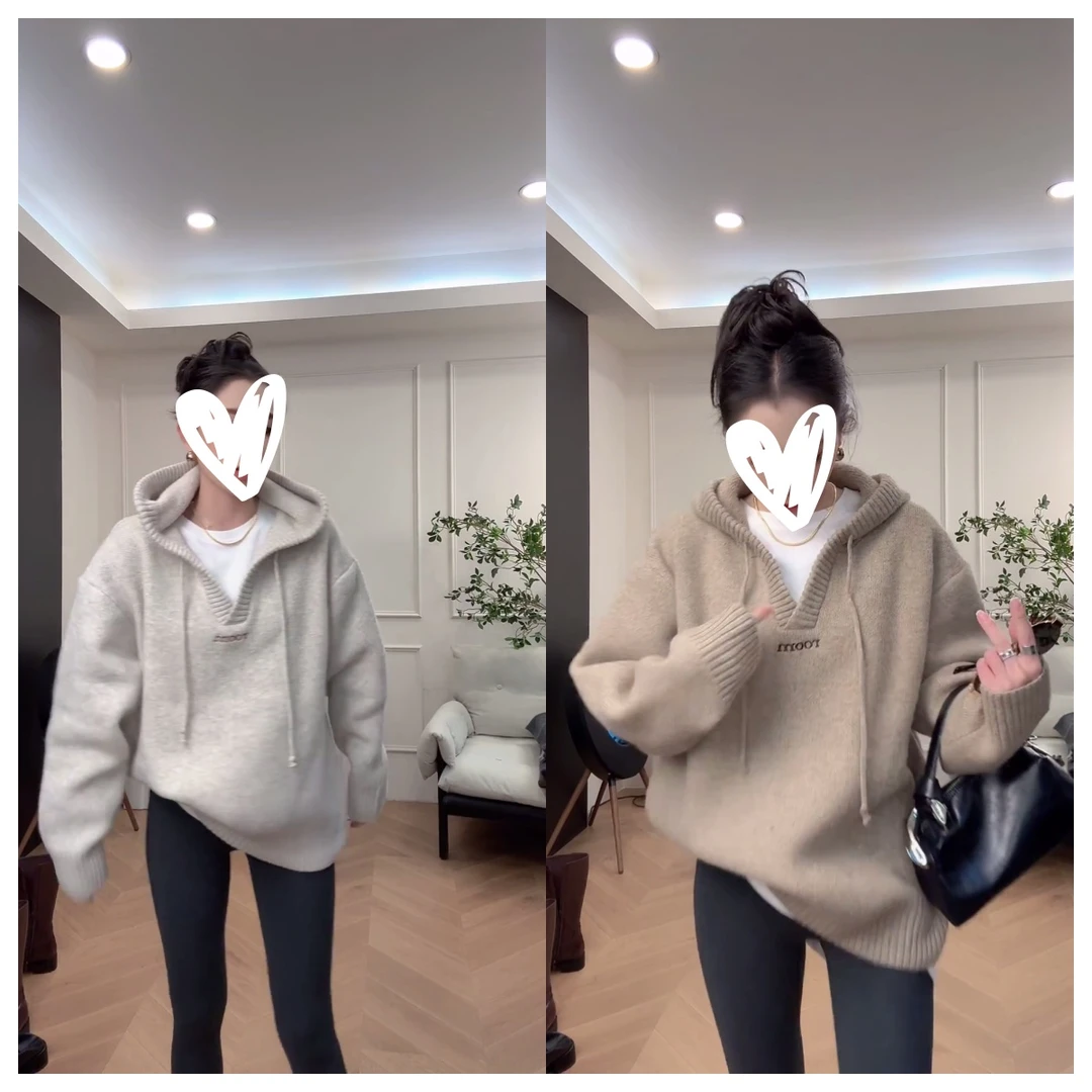 韩版慵懒休闲风字母刺绣宽松显瘦厚款连帽针织百搭毛衣C6502
