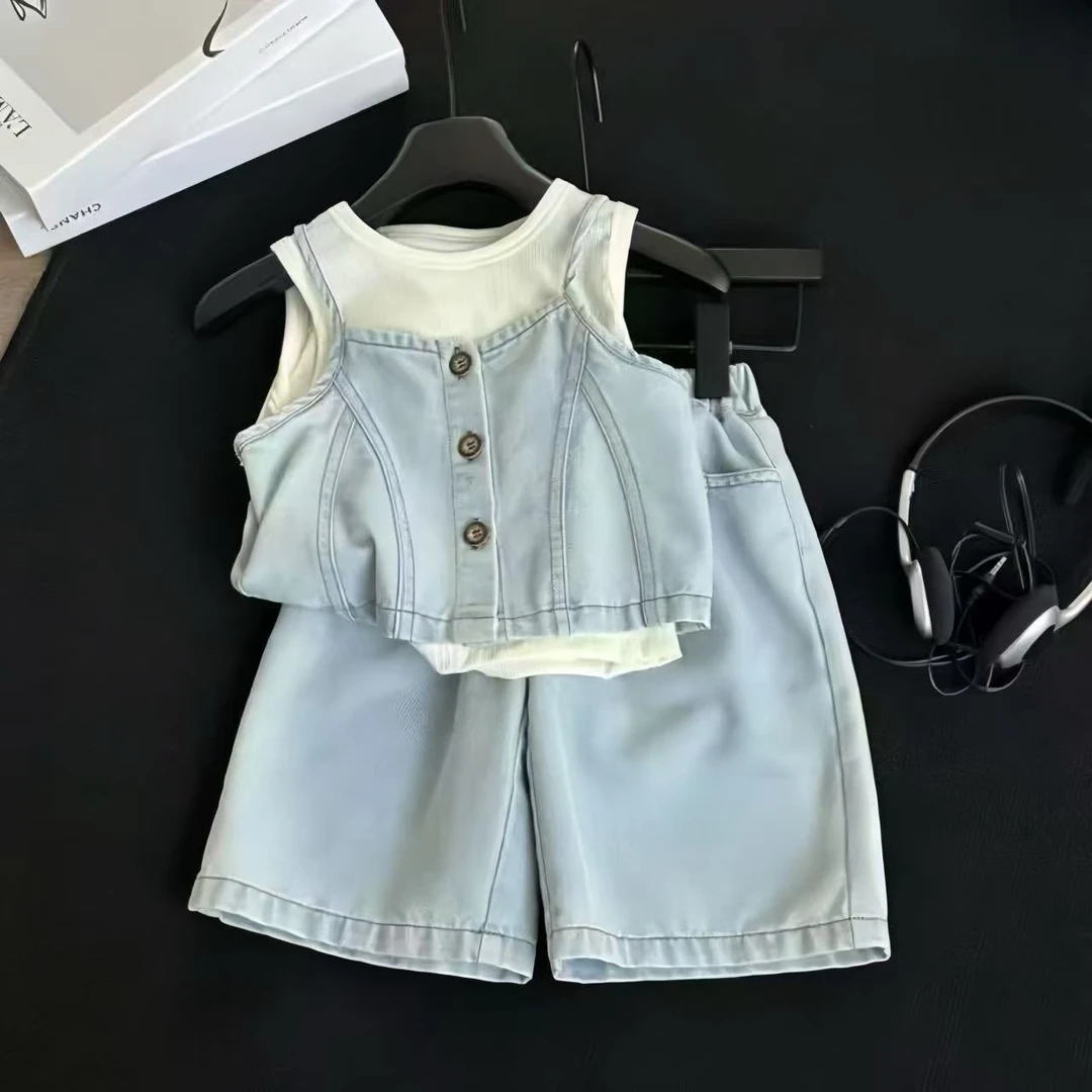 圆子家 童装2025夏季新款女童背心套装儿童韩版上衣休闲裤两件套