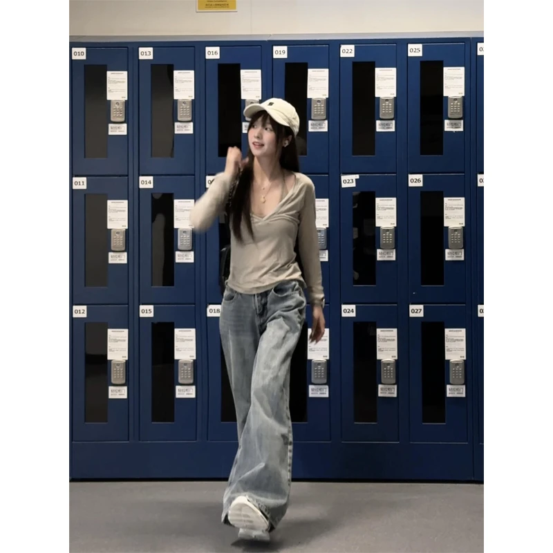 美式大V领长袖防晒T恤休闲百搭上衣阔腿牛仔裤高腰显瘦直筒拖地裤