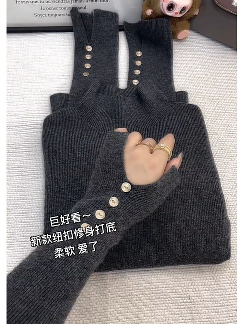 高级感灰色半高领针织衫女秋冬内搭毛衣短款修身上衣设计感打底衫