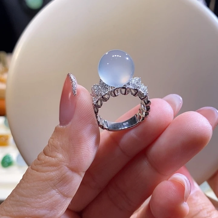 翡翠18K金镶嵌吊坠(不含链)翡翠高冰白月光戒指