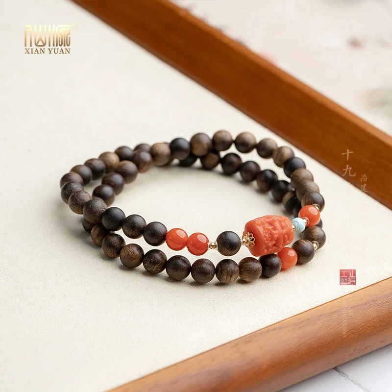 沉香凤九6mm+达拉干沉水沉香南红度母双圈手串国风原创弹力绳手串