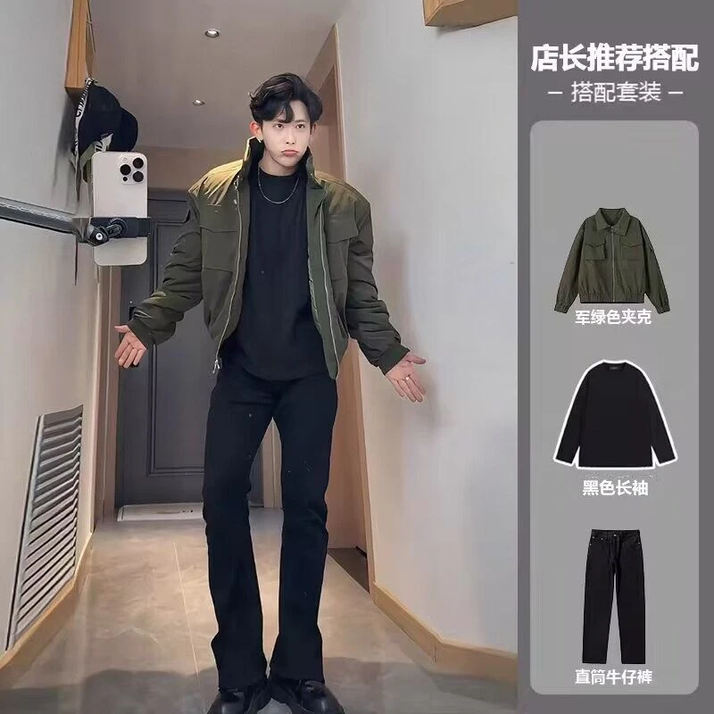 美式轻骑兵夹克外套男春秋潮牌立领飞行员棒球服搭配牛仔裤一整套