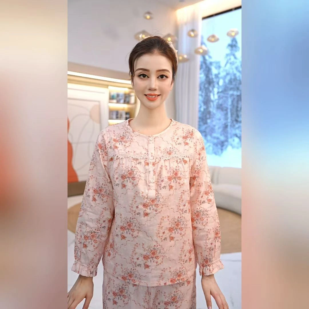 秋鹿梭织双层纱印花圆领长袖长裤女套睡衣