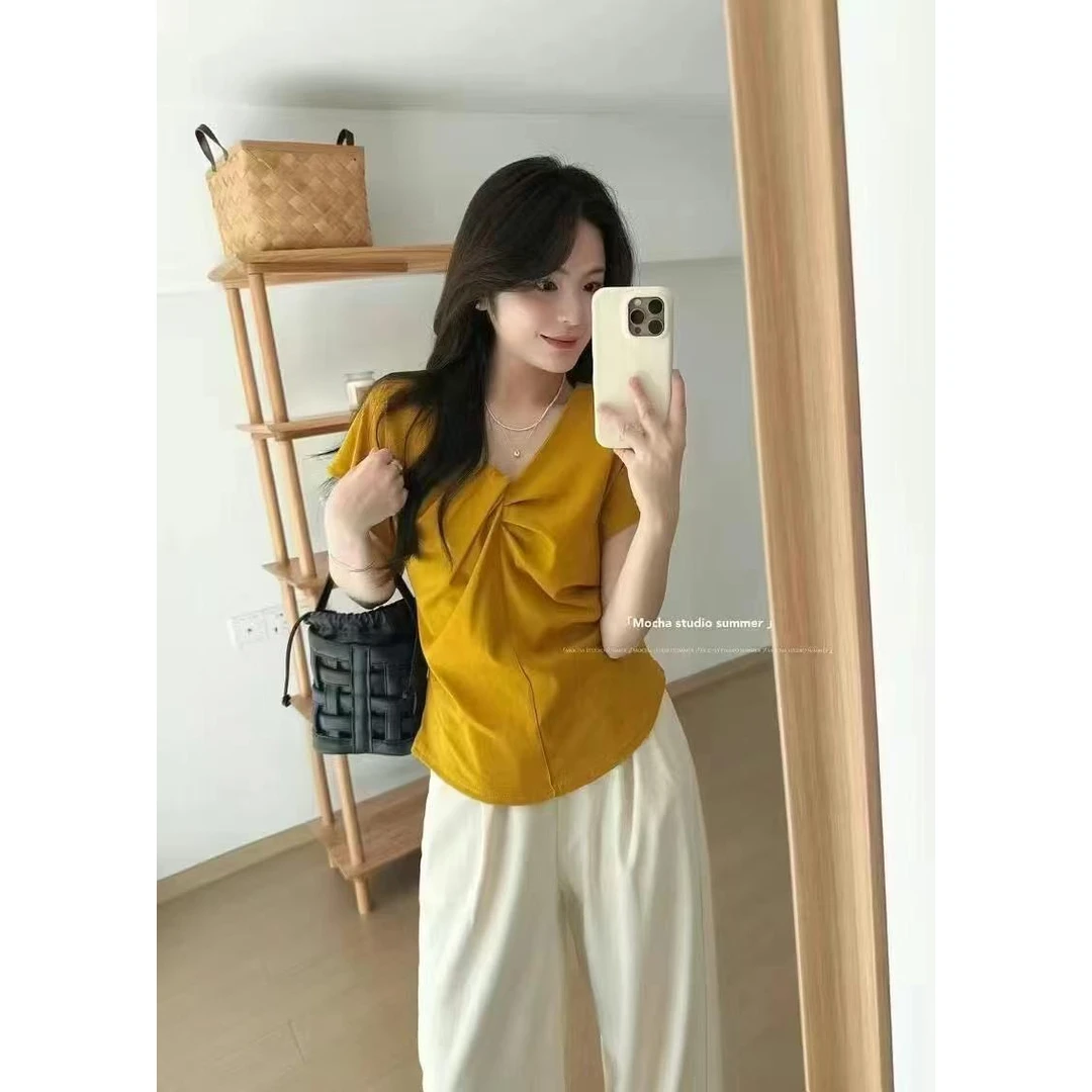 MAMIE【扭扭T】夏季法式扭结简约显瘦不规则短袖小众设计感上衣
