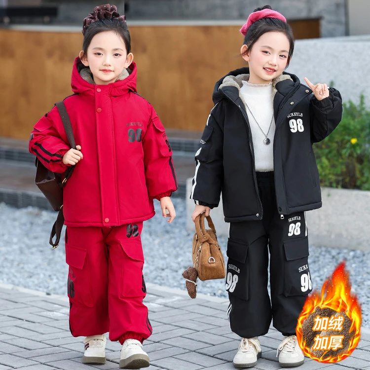 女童加绒运动套装冬季2025新款儿童洋气加厚连帽女宝宝保暖两件套