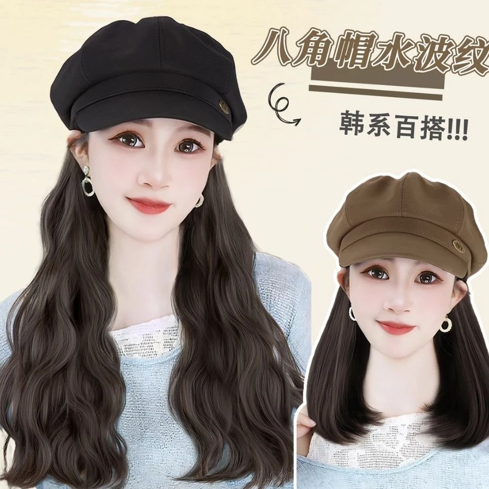 八角帽帽子假发一体女水波纹波波头假发2025新款假发帽自然逼真