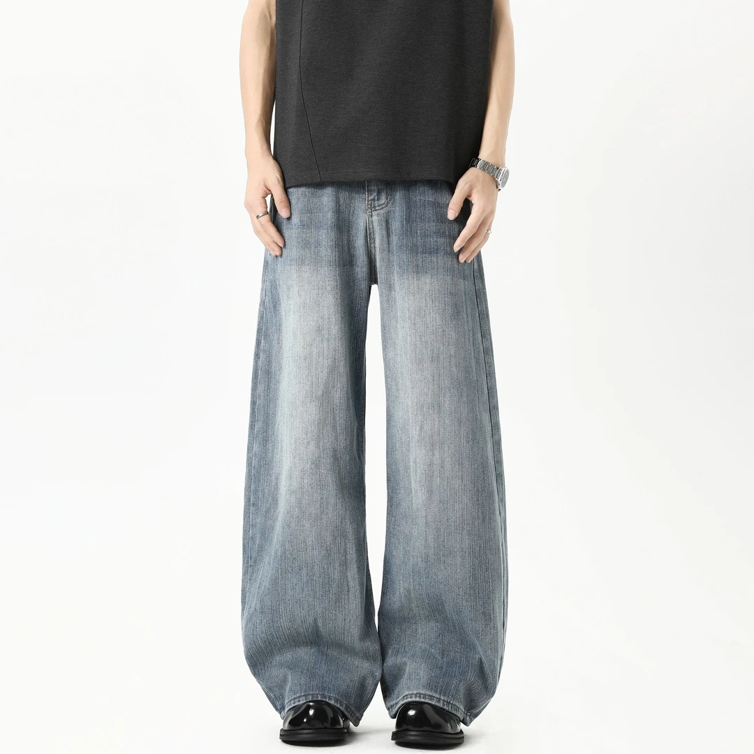 NOMIO美式宽松百搭休闲竹节纹牛仔裤弯刀裤夏季复古水洗男女同款