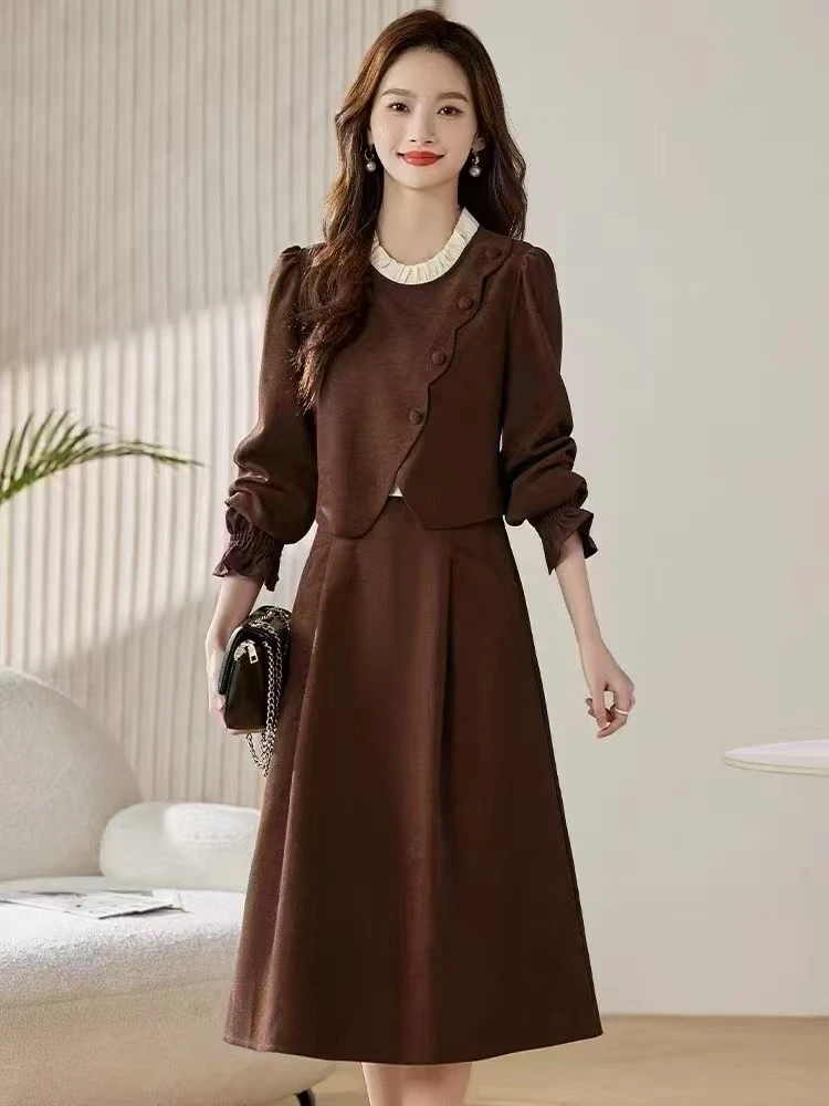 【F1809】中国风中长裙2024年小个子早秋长袖秋季气质裙子