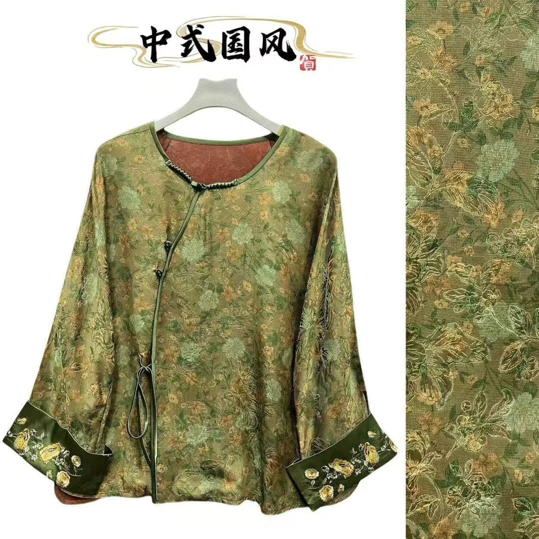 1015T新中式花萝衬衣斜襟重工刺绣精致系带开衫