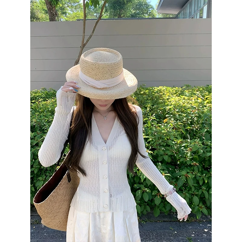 薄款微透破边针织衫女收腰显瘦长袖开衫外套