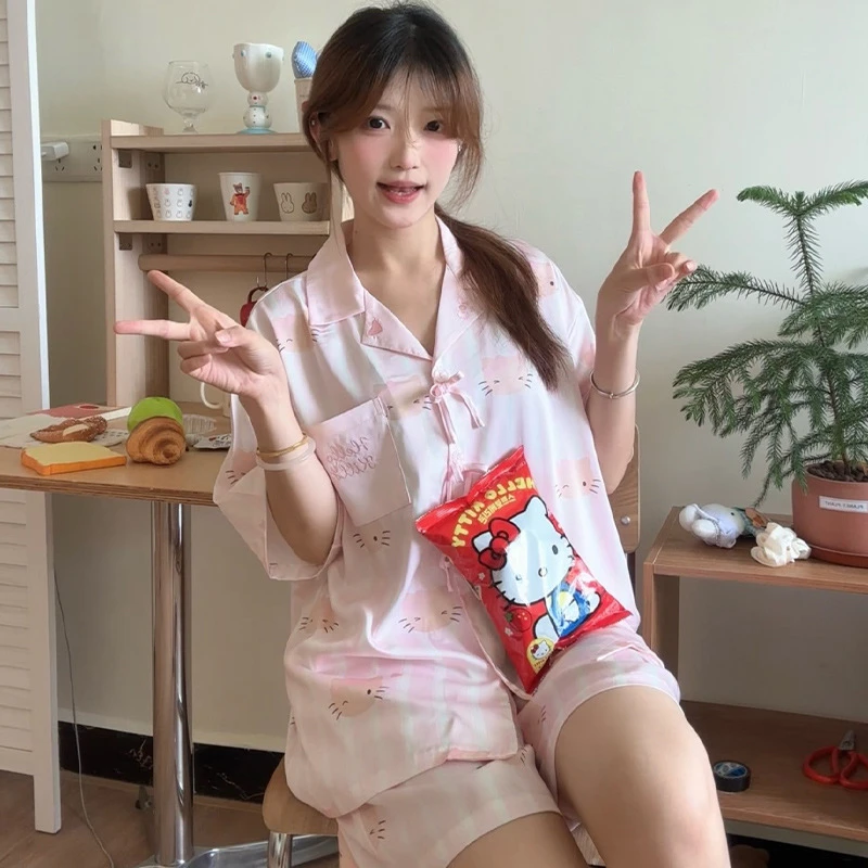 【黑皮粉色Kitty三件套】新潮牌可外穿居家服套装轻奢薄款