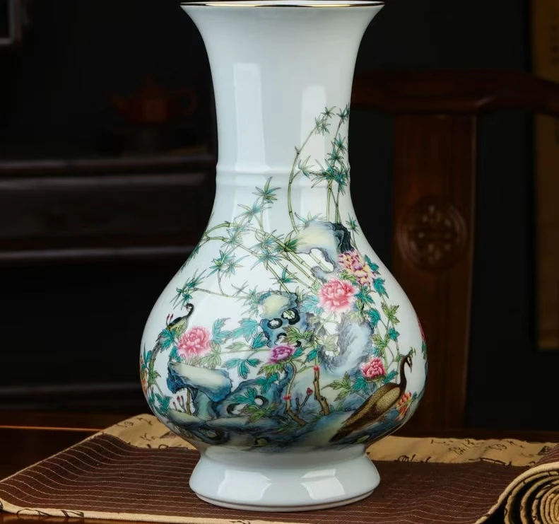 景德镇瓷器 现代工艺品陶瓷摆件 粉彩荣华富贵玉壶春瓶一只带证书